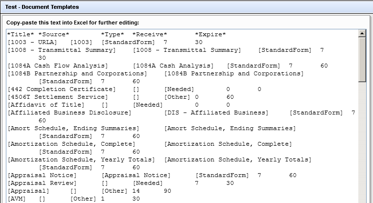 Screenshot of a Form Listing All Document Templates